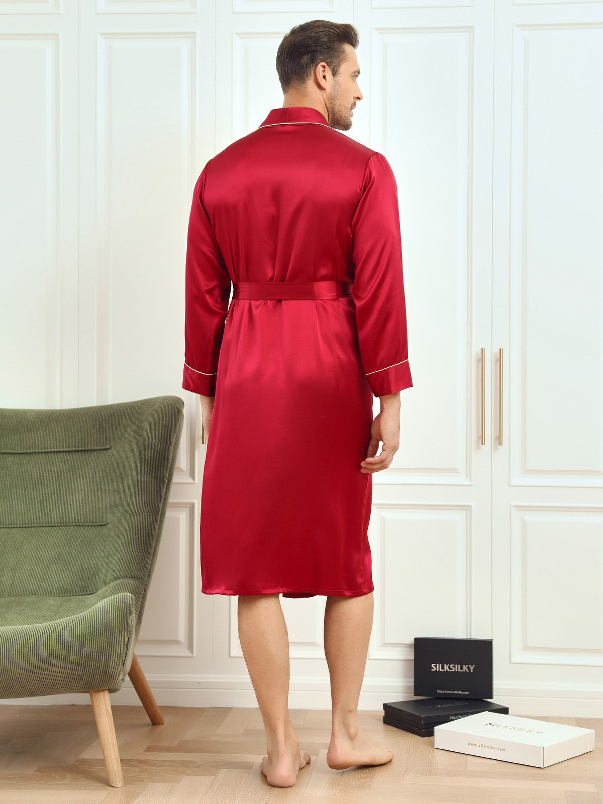 [Wine] SilkSilky-UK Pure Silk Long Sleeve Lapel Men's Dressing Gown 002