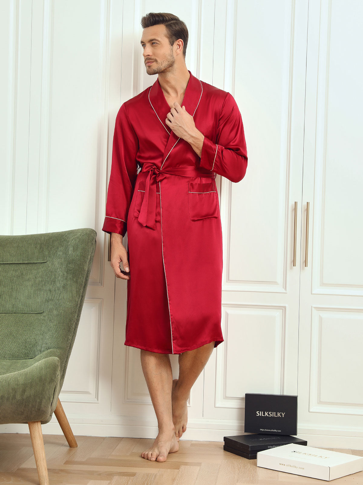 [Wine] SilkSilky-UK Pure Silk Long Sleeve Lapel Men's Dressing Gown 005