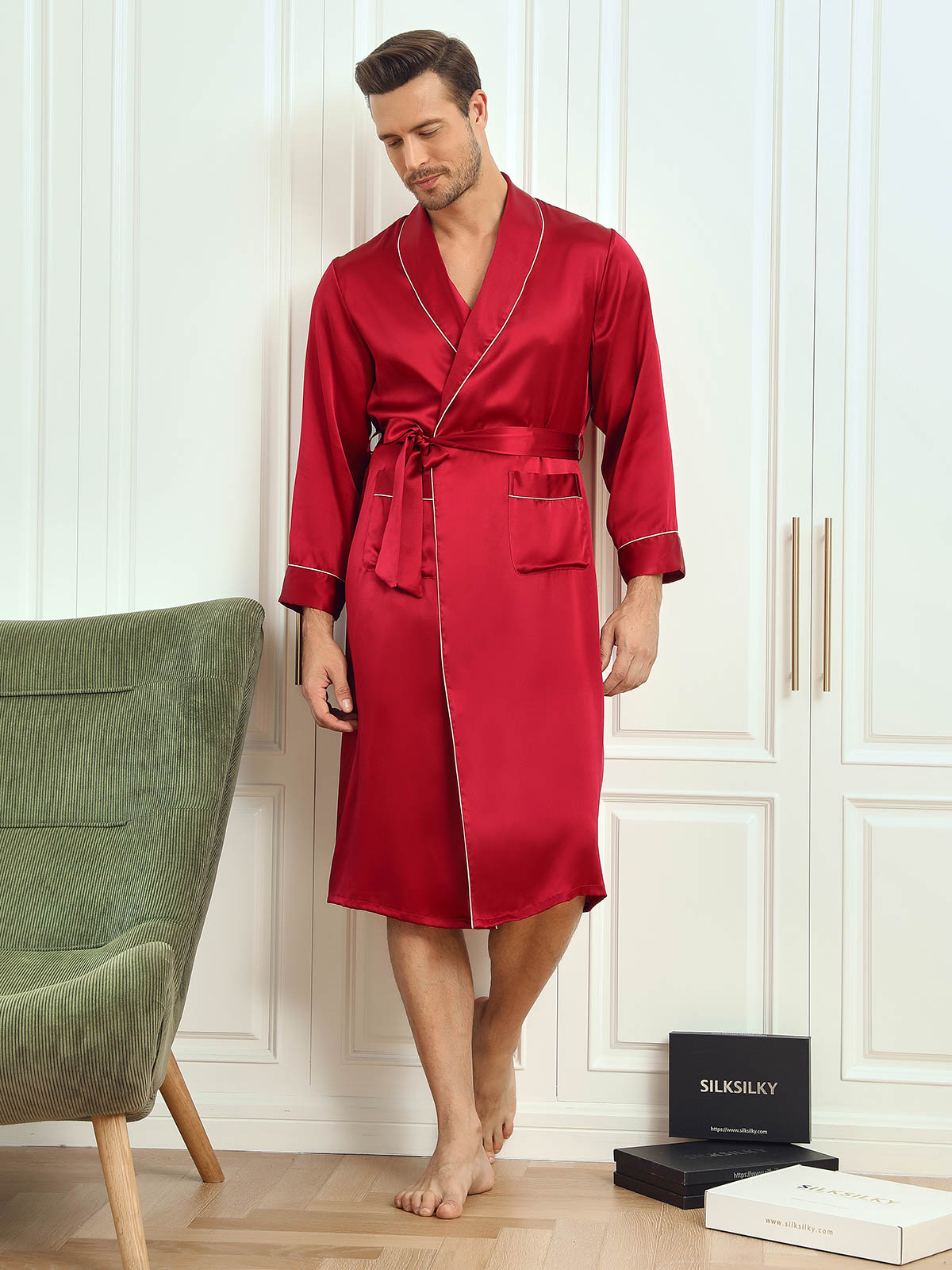 [Wine] SilkSilky-UK Pure Silk Long Sleeve Lapel Men's Dressing Gown 006