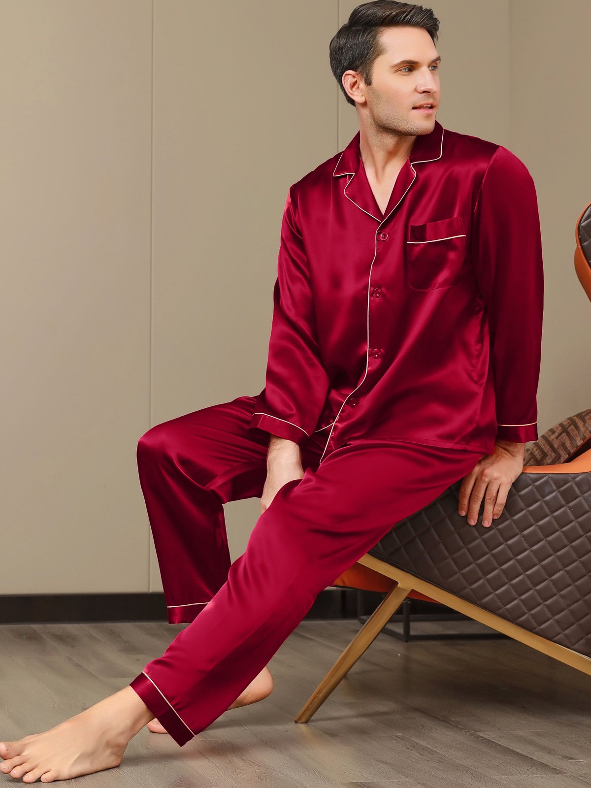 [Wine] SilkSilky-UK Pure Silk Long Sleeve Lapel Men's Pyjamas 001