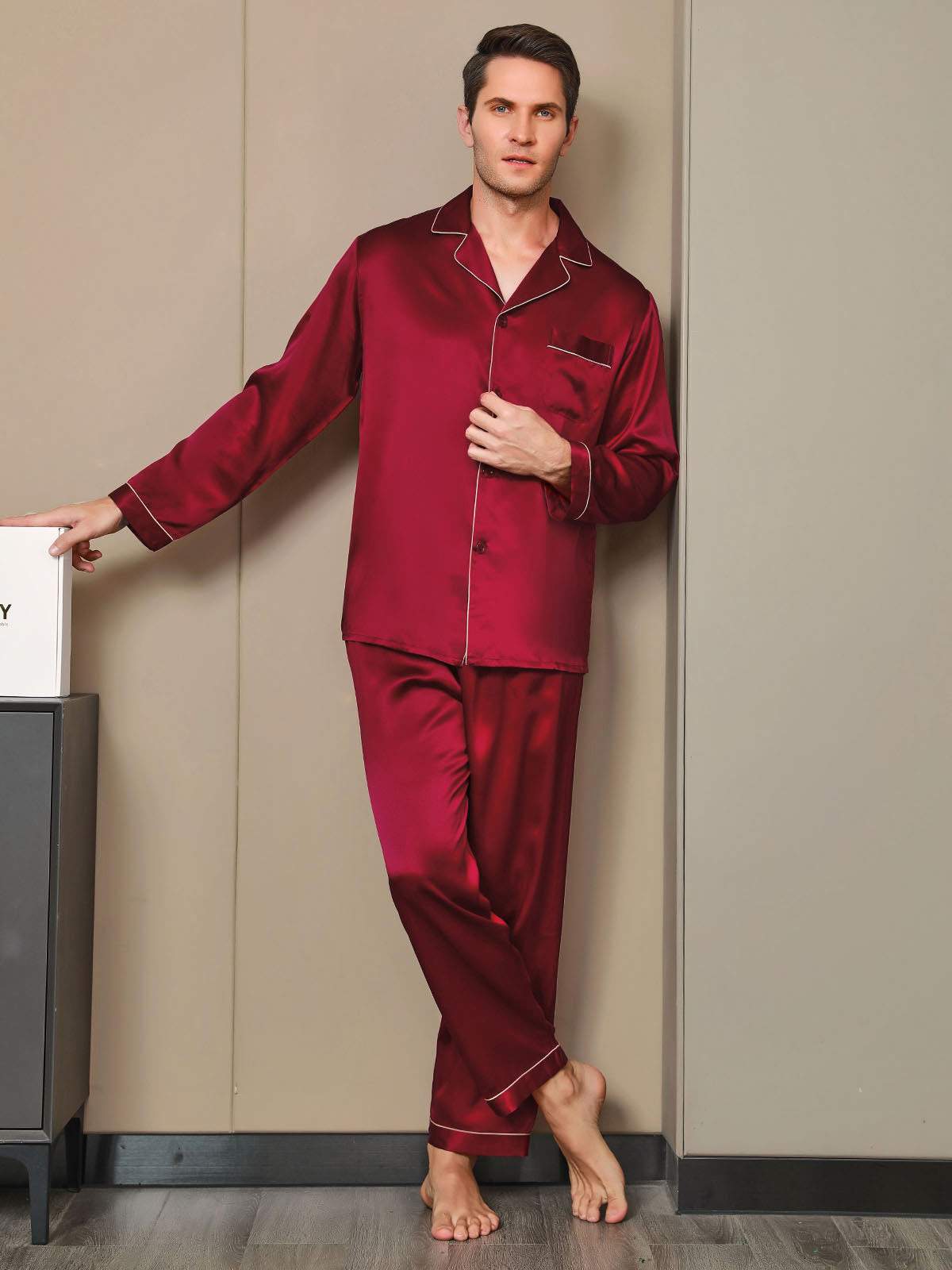 [Wine] SilkSilky-UK Pure Silk Long Sleeve Lapel Men's Pyjamas 006