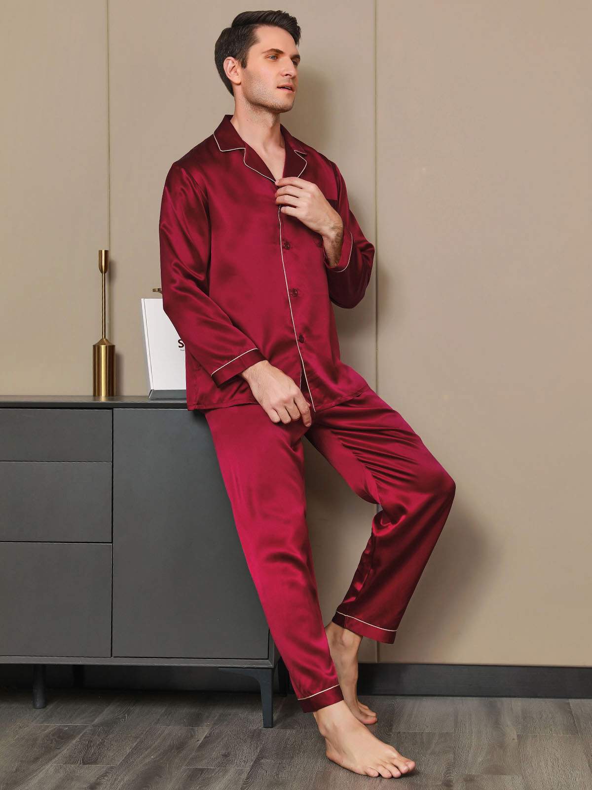 [Wine] SilkSilky-UK Pure Silk Long Sleeve Lapel Men's Pyjamas 006