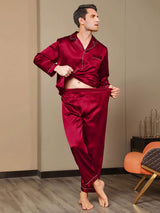 [Wine] SilkSilky-UK Pure Silk Long Sleeve Lapel Men's Pyjamas 008