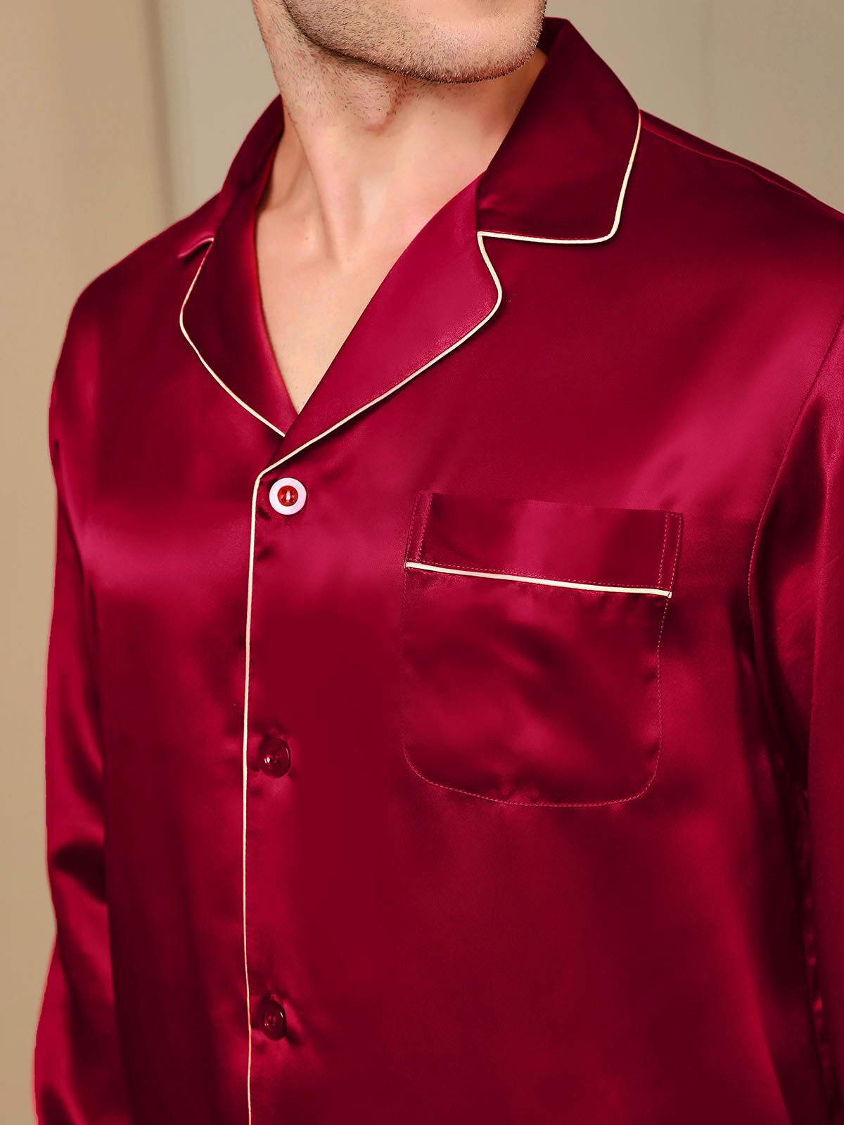 [Wine] SilkSilky-UK Pure Silk Long Sleeve Lapel Men's Pyjamas 009