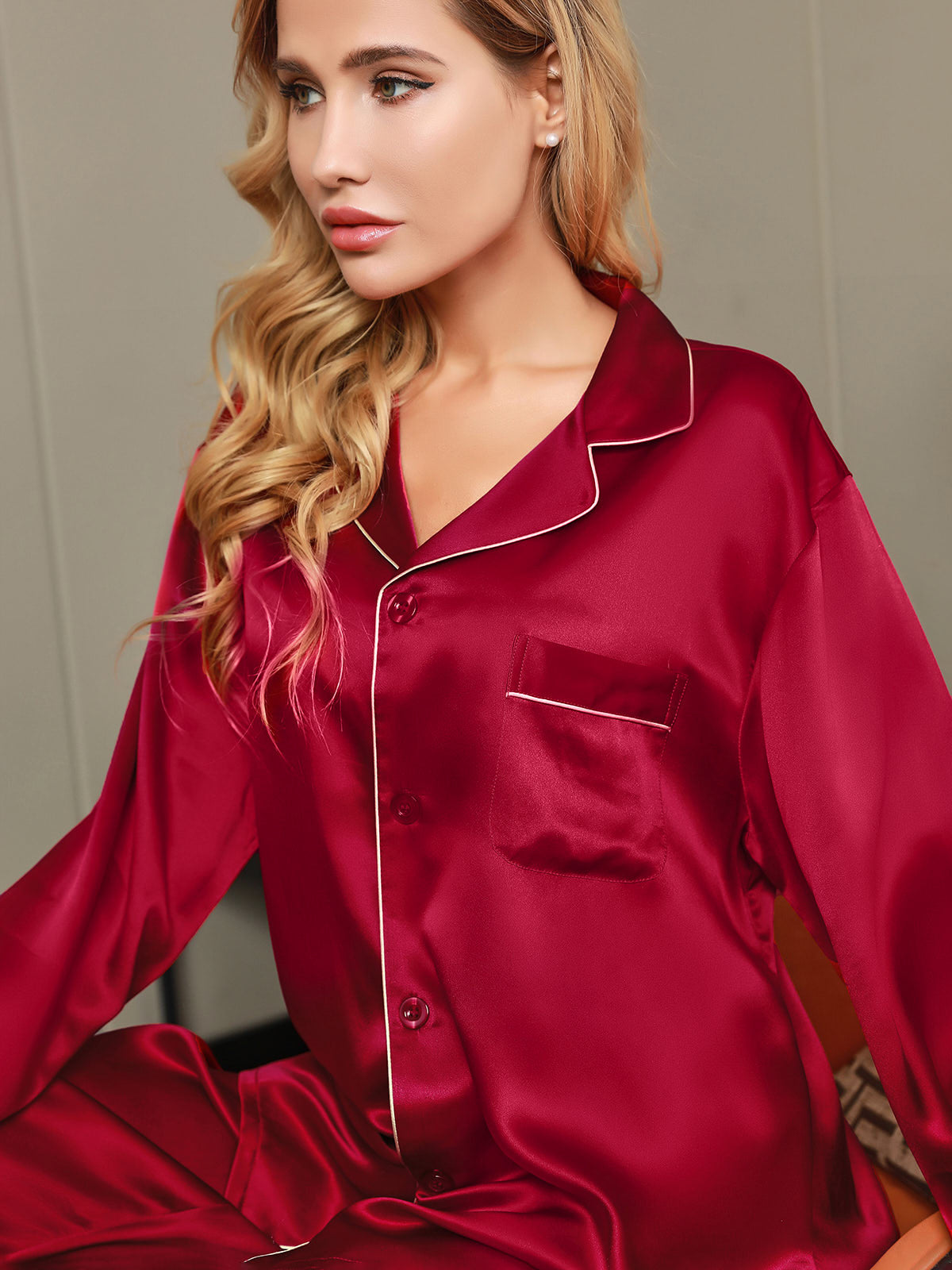 [Wine] SilkSilky-UK Pure Silk Long Sleeve Lapel Women's Pyjamas 009