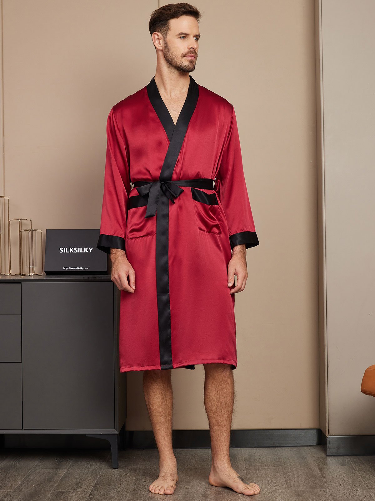 [Wine] SilkSilky-UK Pure Silk Long Sleeve Mens Robe 001