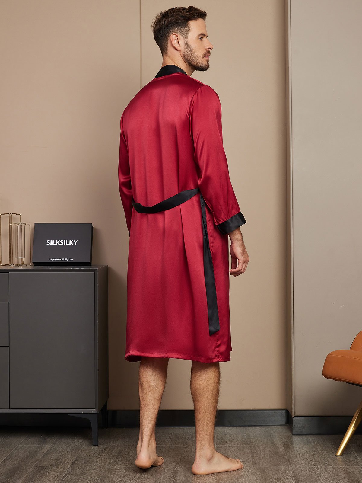 [Wine] SilkSilky-UK Pure Silk Long Sleeve Mens Robe 002