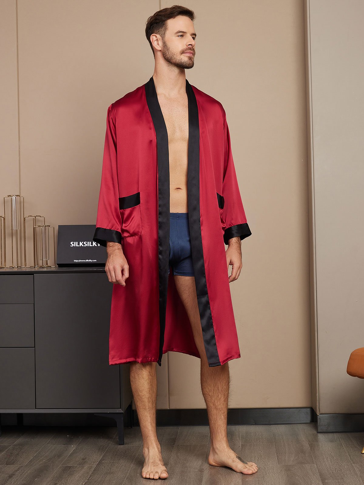 [Wine] SilkSilky-UK Pure Silk Long Sleeve Mens Robe 003