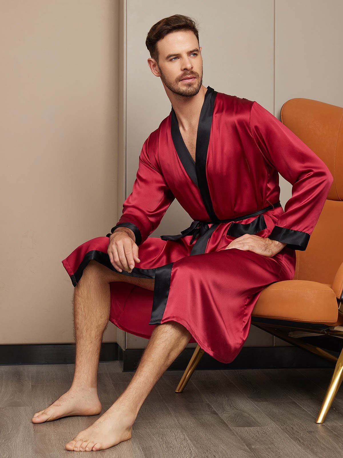 [Wine] SilkSilky-UK Pure Silk Long Sleeve Mens Robe 004