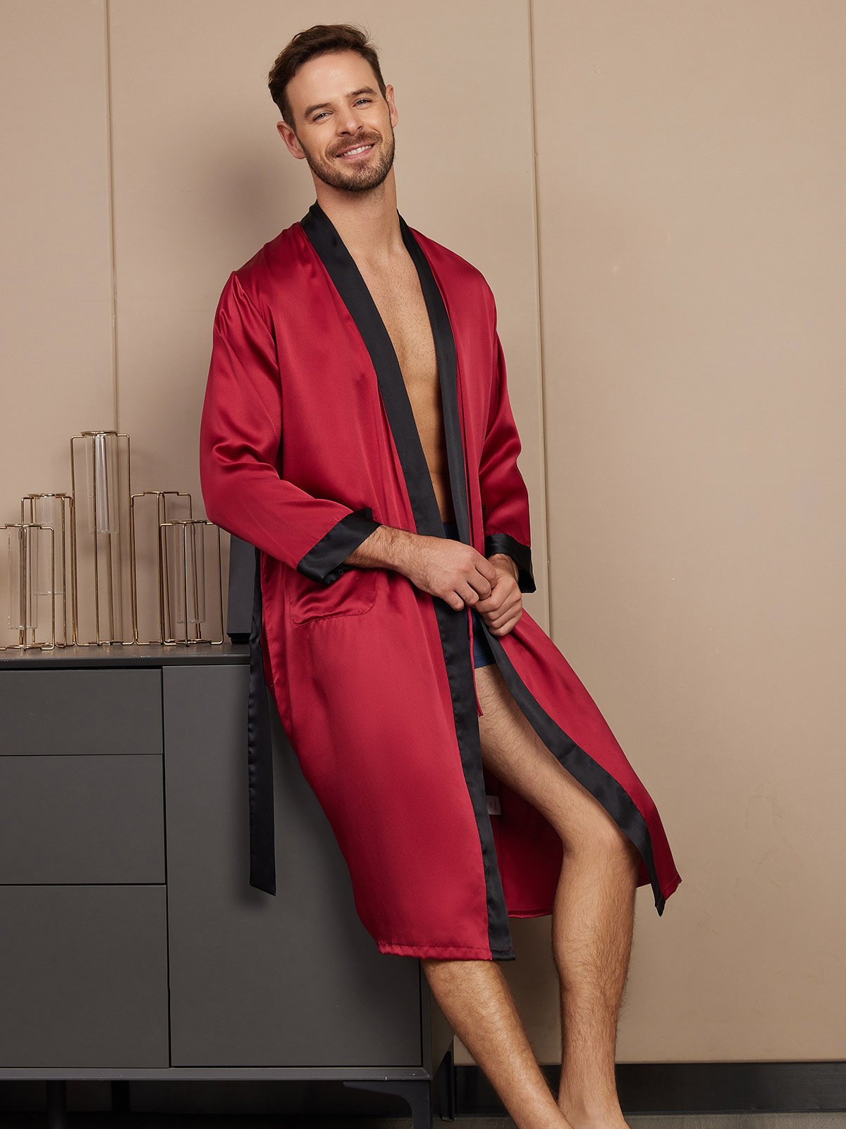 [Wine] SilkSilky-UK Pure Silk Long Sleeve Mens Robe 005