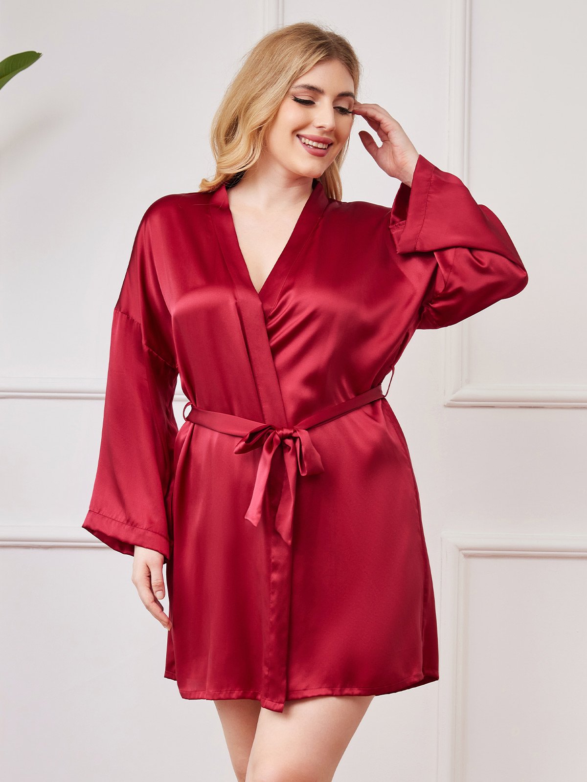 [Wine] SilkSilky-UK Pure Silk Long Sleeve V Neck Plus Size Dressing Gown 001