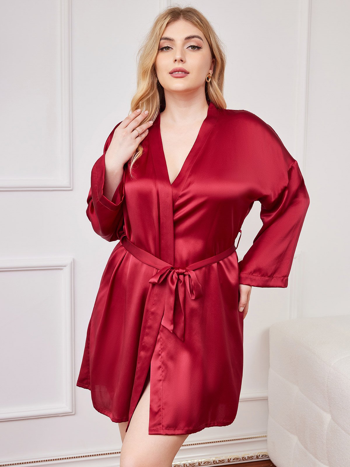 [Wine] SilkSilky-UK Pure Silk Long Sleeve V Neck Plus Size Dressing Gown 004