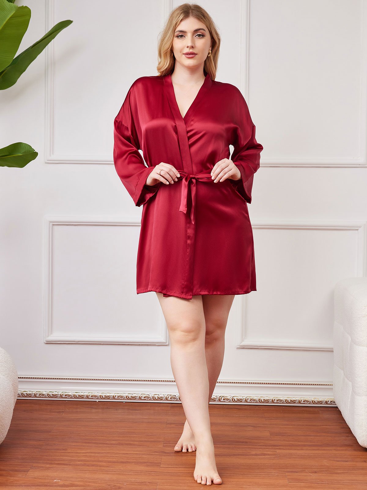 [Wine] SilkSilky-UK Pure Silk Long Sleeve V Neck Plus Size Dressing Gown 006