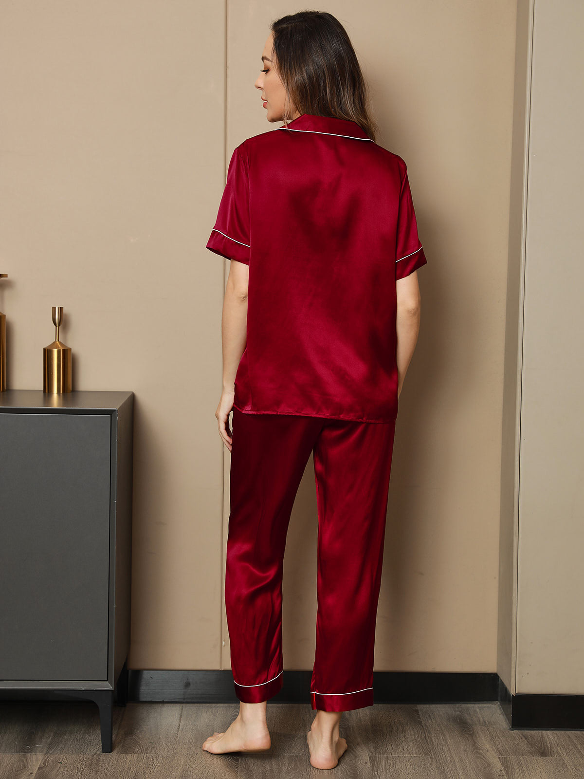 [Wine] SilkSilky-UK Pure Silk Short Sleeve Lapel Women's Pyjamas 002