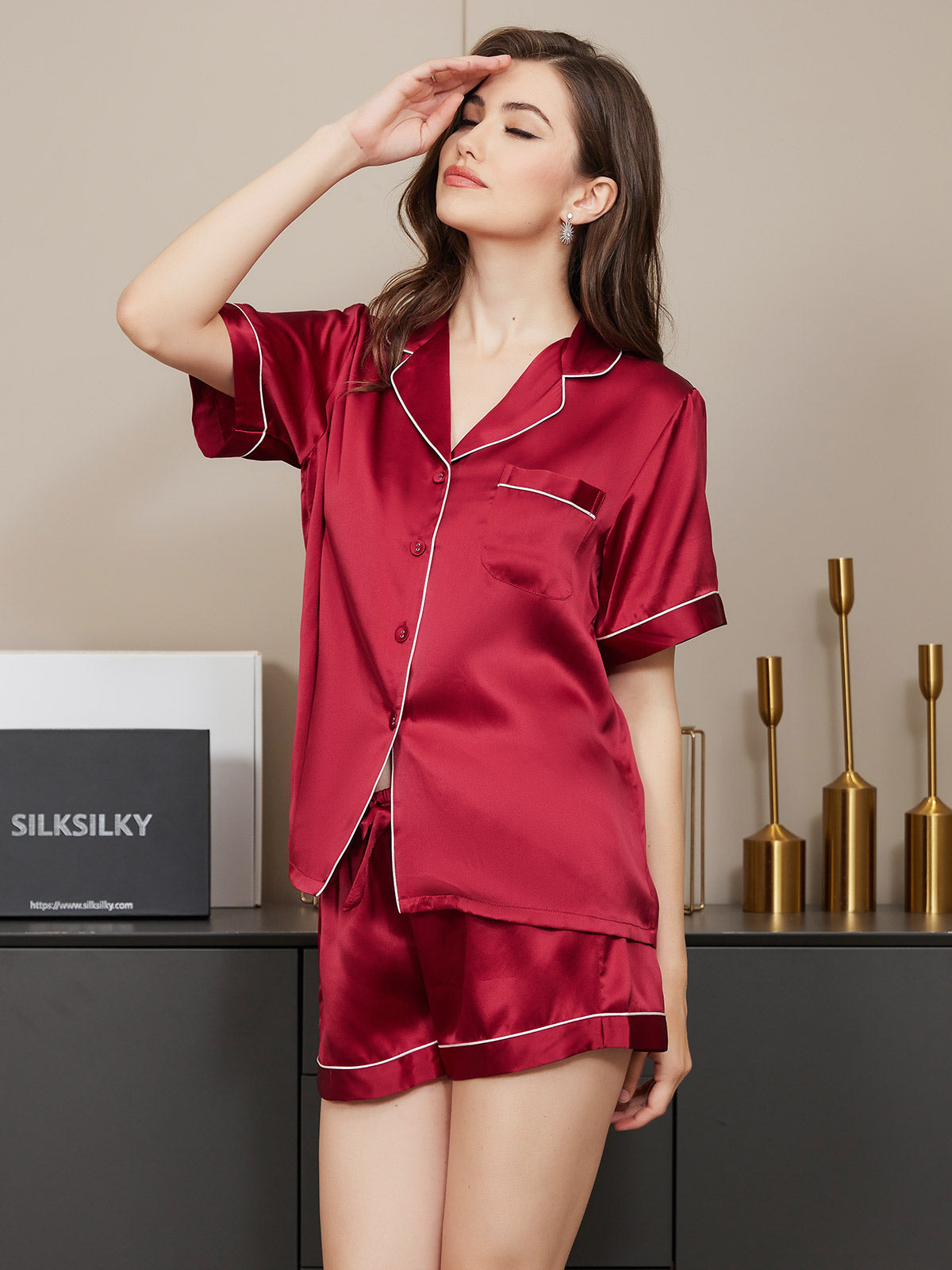 [Wine] SilkSilky-UK Pure Silk Short Sleeve Lapel Women's Pyjamas 004