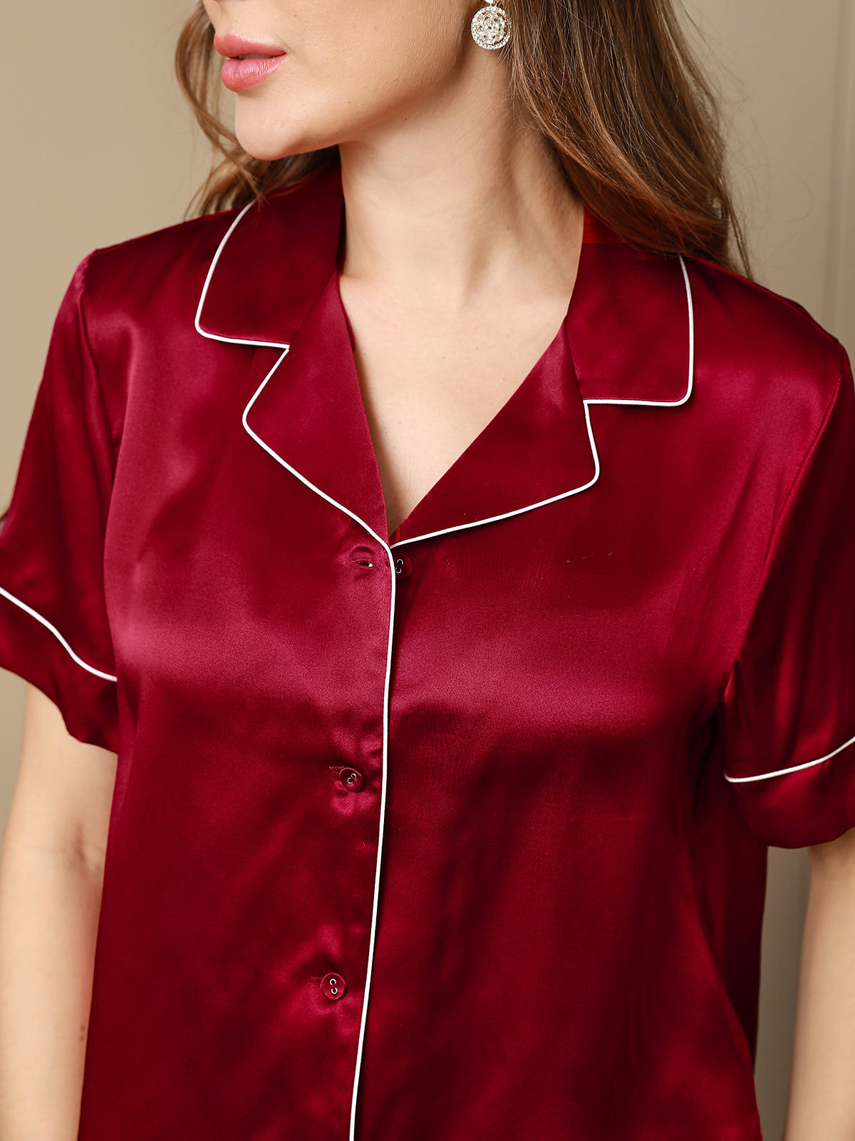 [Wine] SilkSilky-UK Pure Silk Short Sleeve Lapel Women's Pyjamas 008