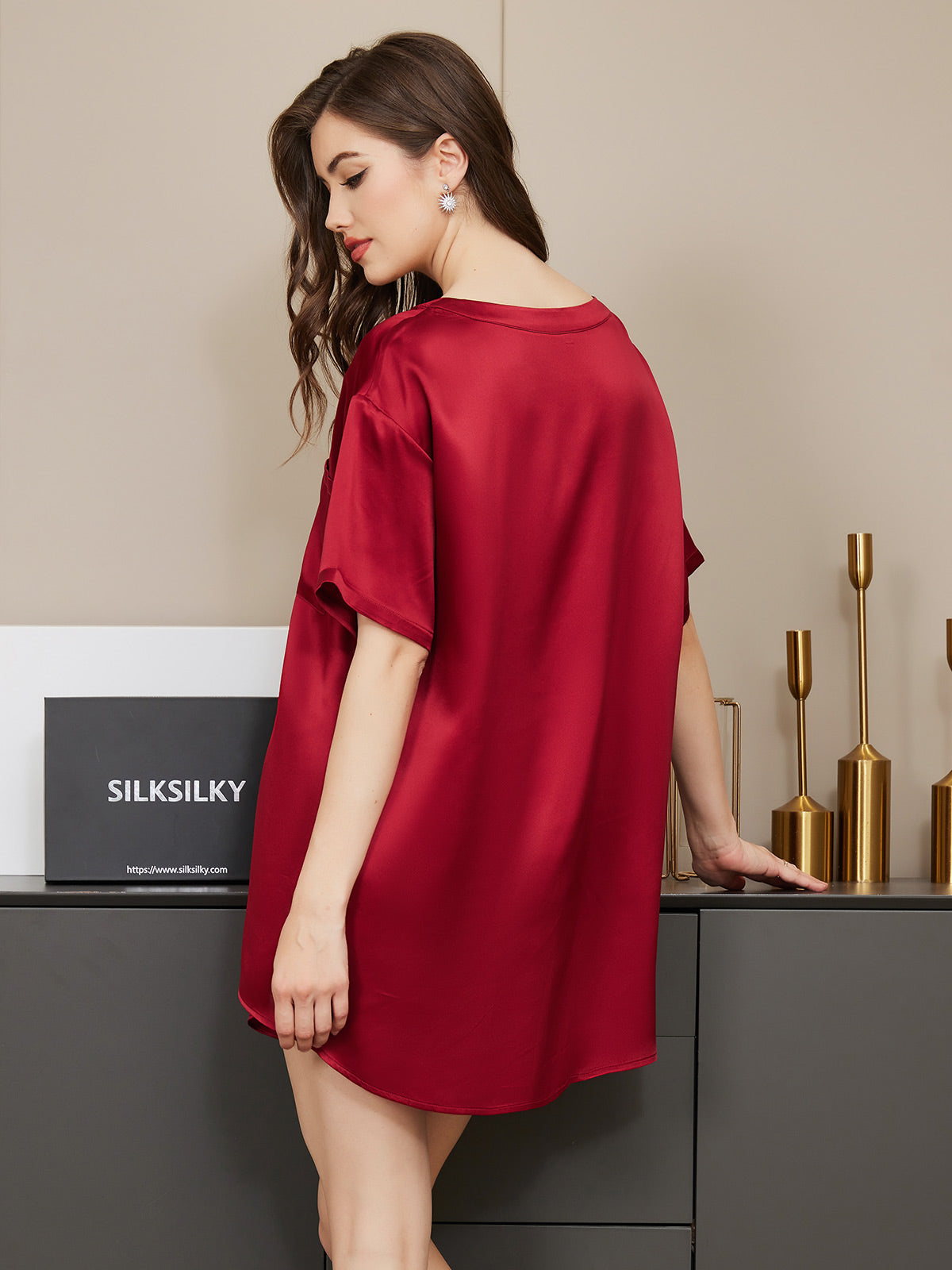 [Wine] SilkSilky-UK Pure Silk Short Sleeve Round Neck Women's Pyjamas 002