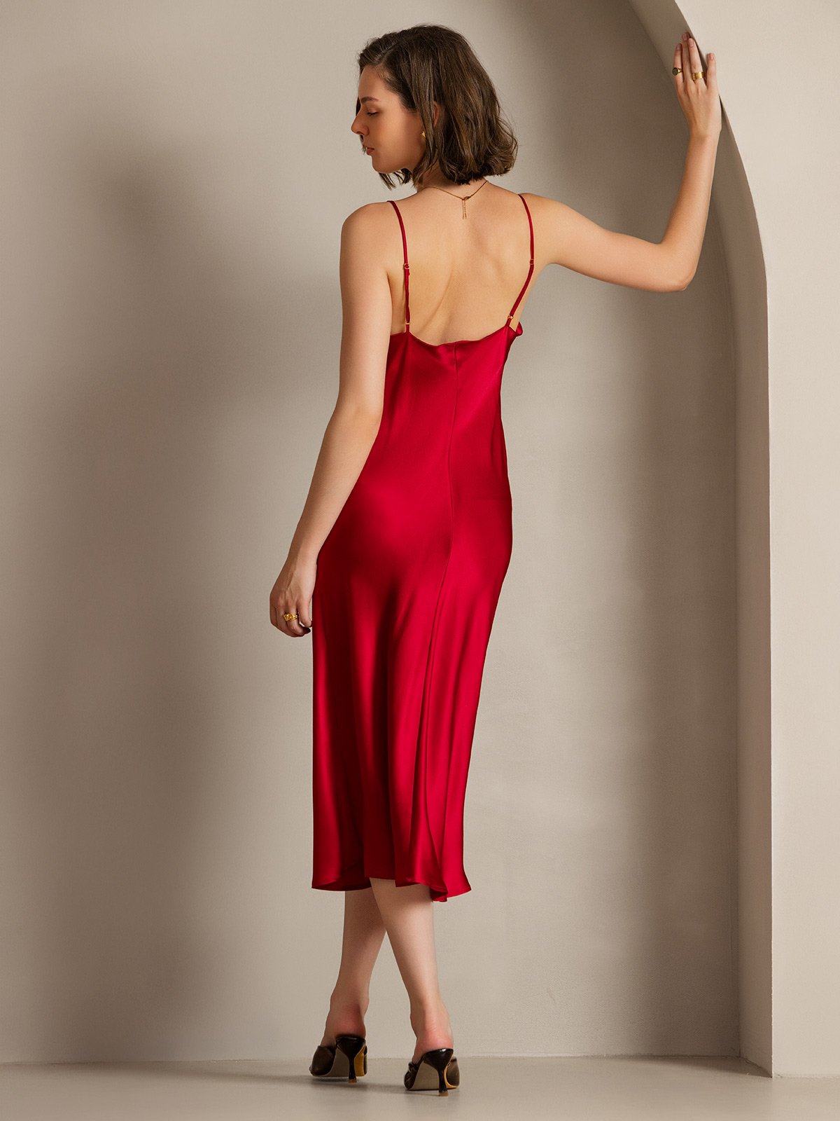 [Wine] SilkSilky-UK Pure Silk Sleeveless Cowl Neck Dress 002