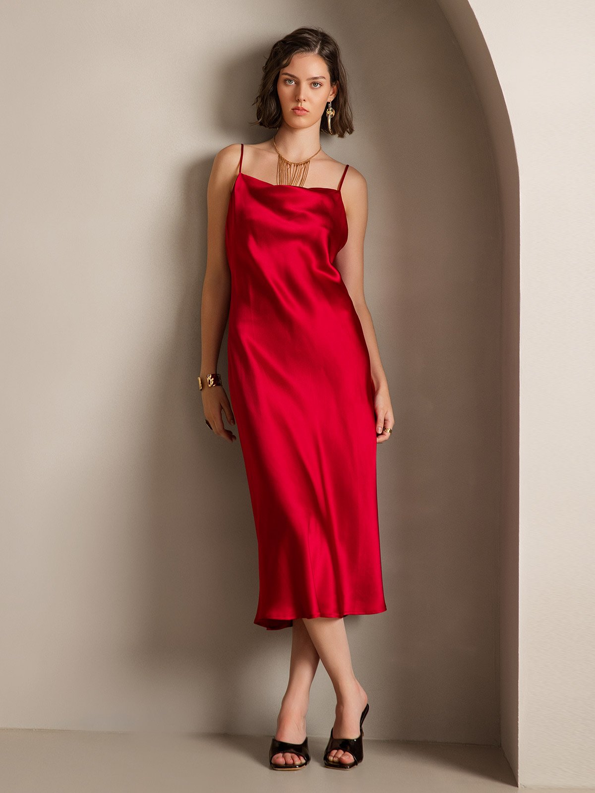 [Wine] SilkSilky-UK Pure Silk Sleeveless Cowl Neck Dress 004