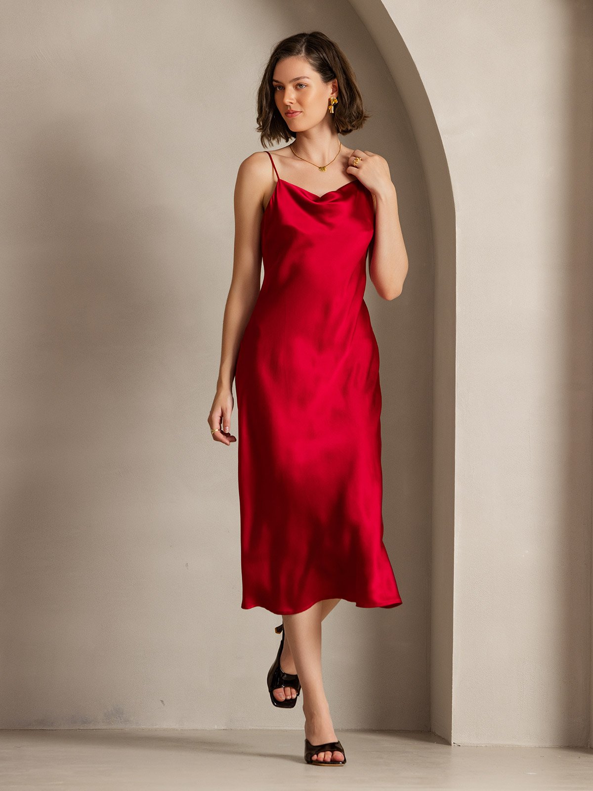 [Wine] SilkSilky-UK Pure Silk Sleeveless Cowl Neck Dress 005
