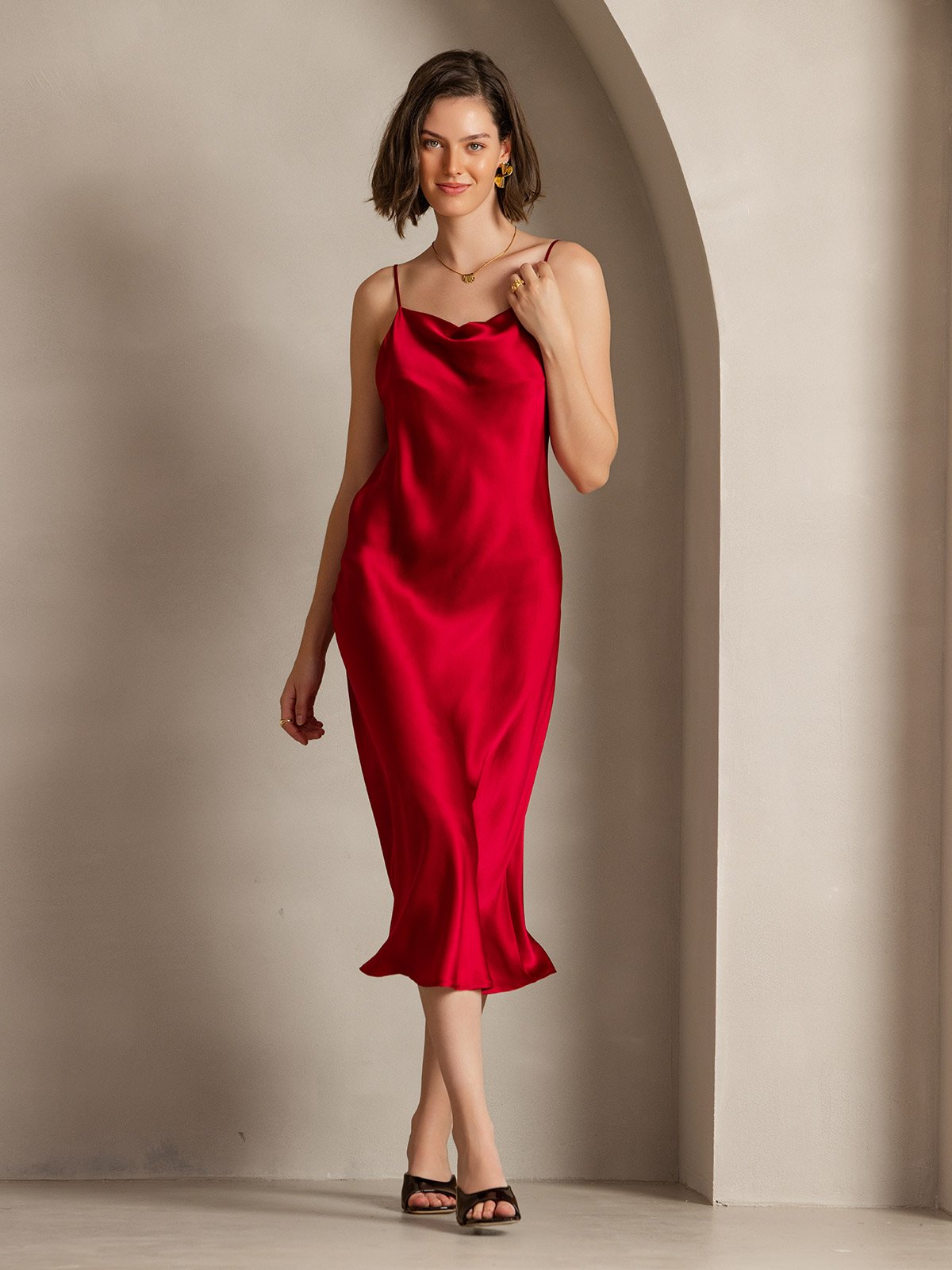 [Wine] SilkSilky-UK Pure Silk Sleeveless Cowl Neck Dress 006