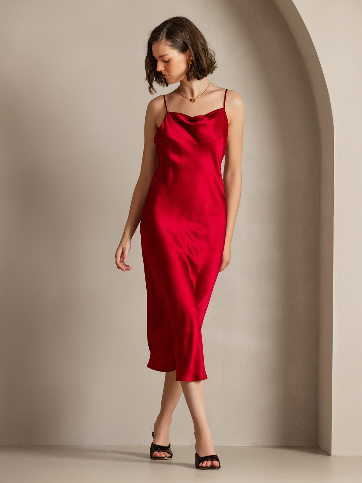 [Wine] SilkSilky-UK Pure Silk Sleeveless Cowl Neck Dress 007