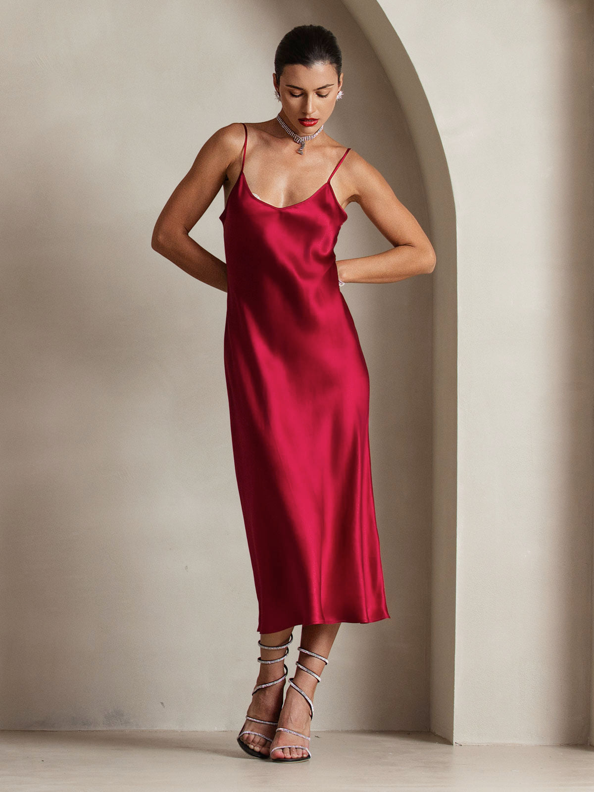 [Wine] SilkSilky-UK Pure Silk Sleeveless Round Neck Dress 003