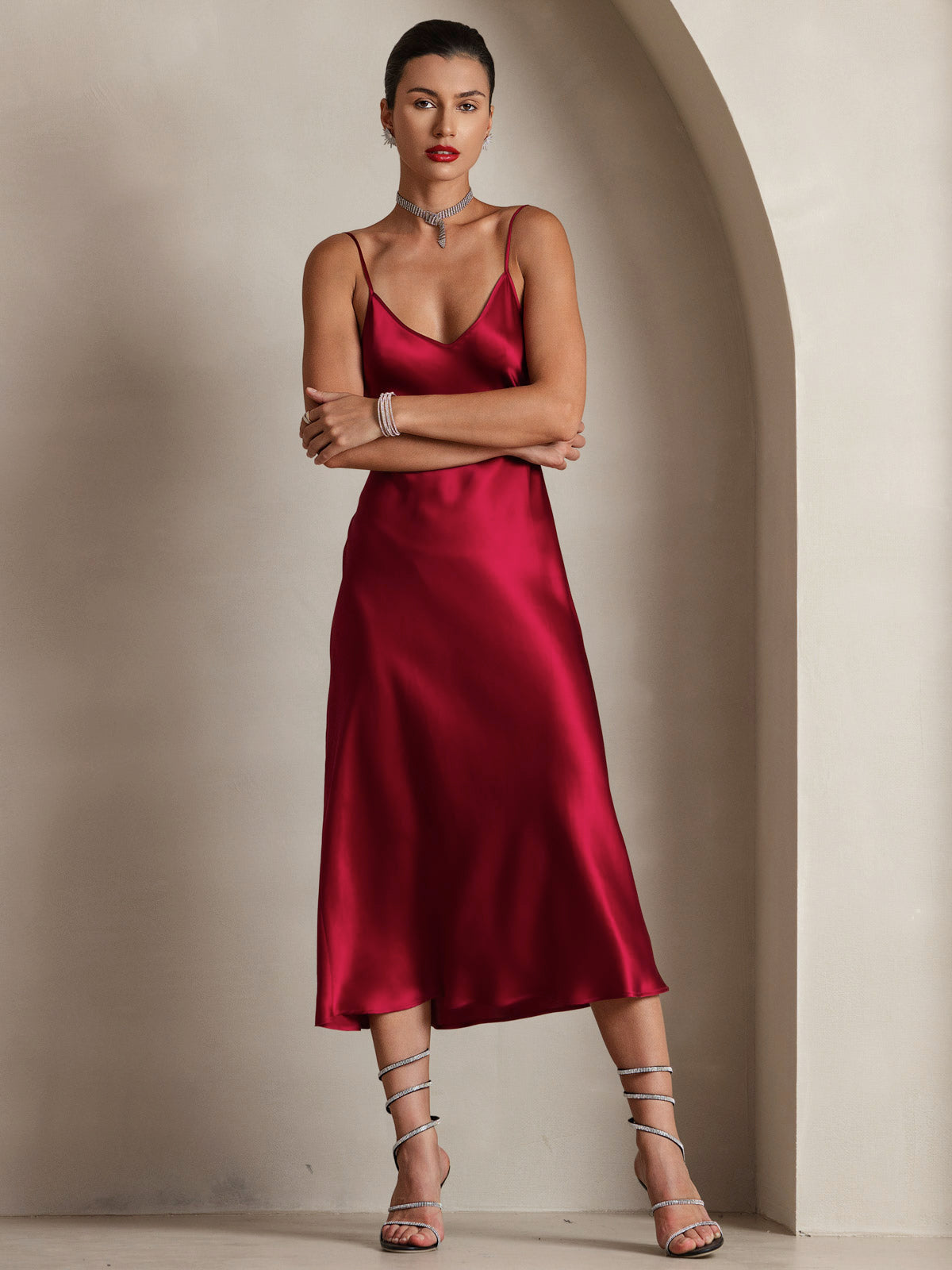 [Wine] SilkSilky-UK Pure Silk Sleeveless Round Neck Dress 004