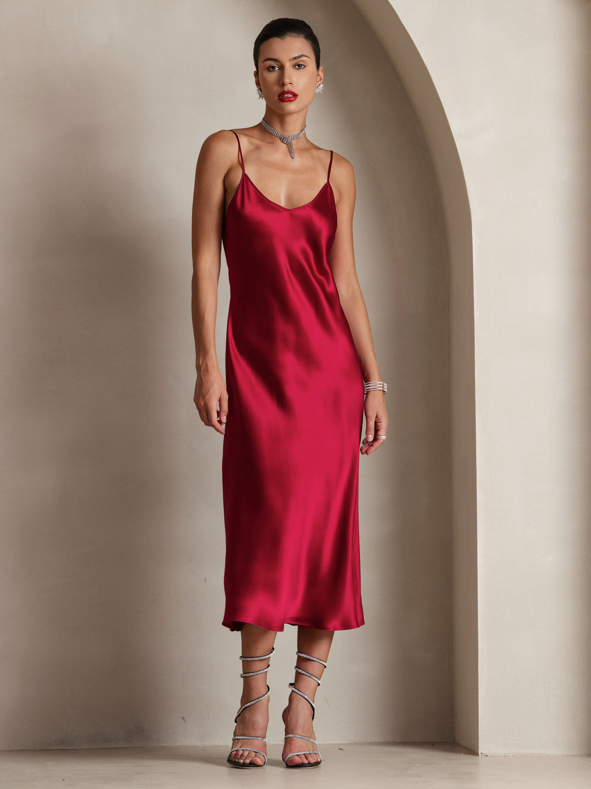 [Wine] SilkSilky-UK Pure Silk Sleeveless Round Neck Dress 004