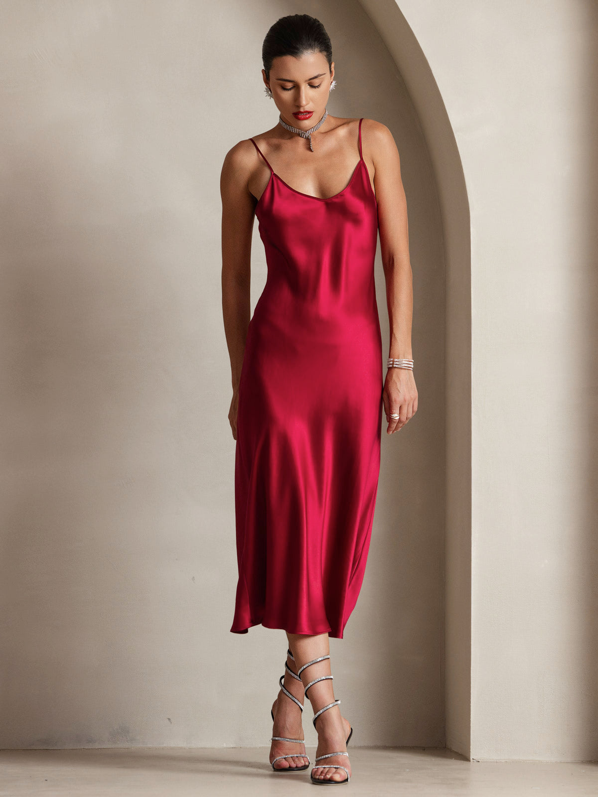 [Wine] SilkSilky-UK Pure Silk Sleeveless Round Neck Dress 005