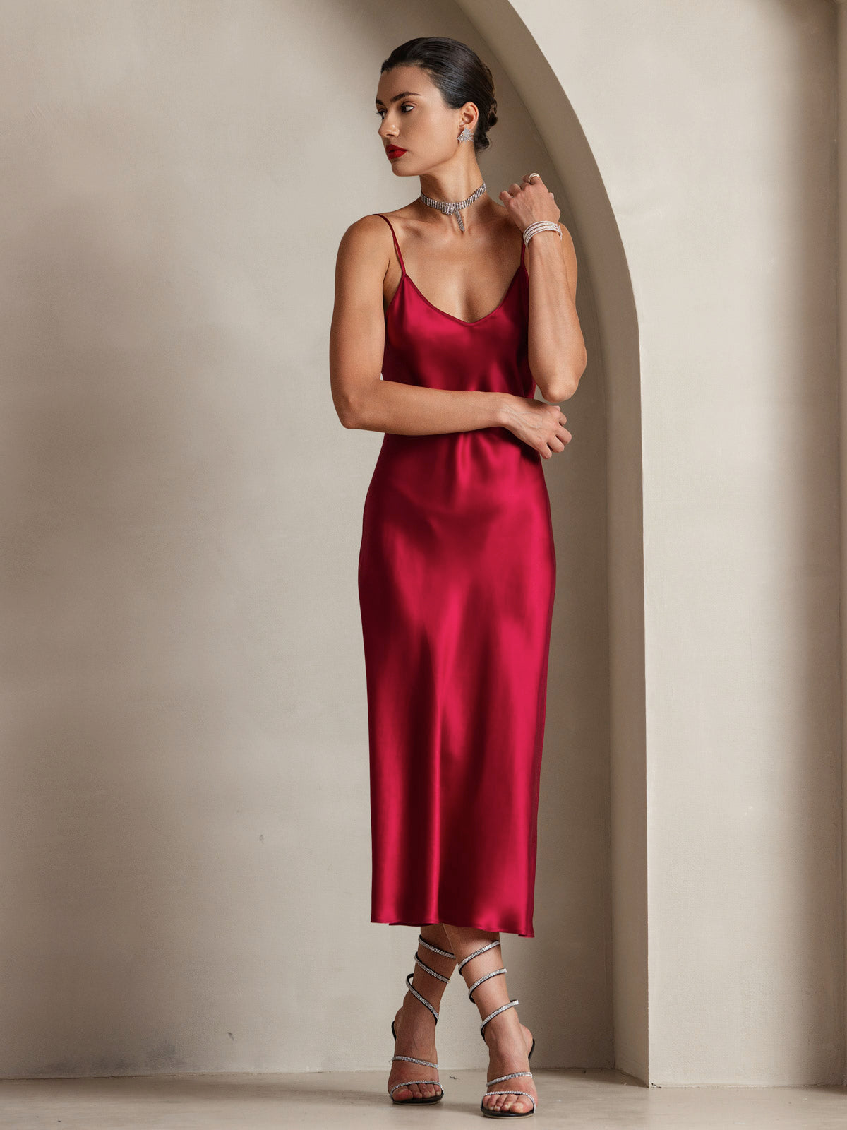 [Wine] SilkSilky-UK Pure Silk Sleeveless Round Neck Dress 006