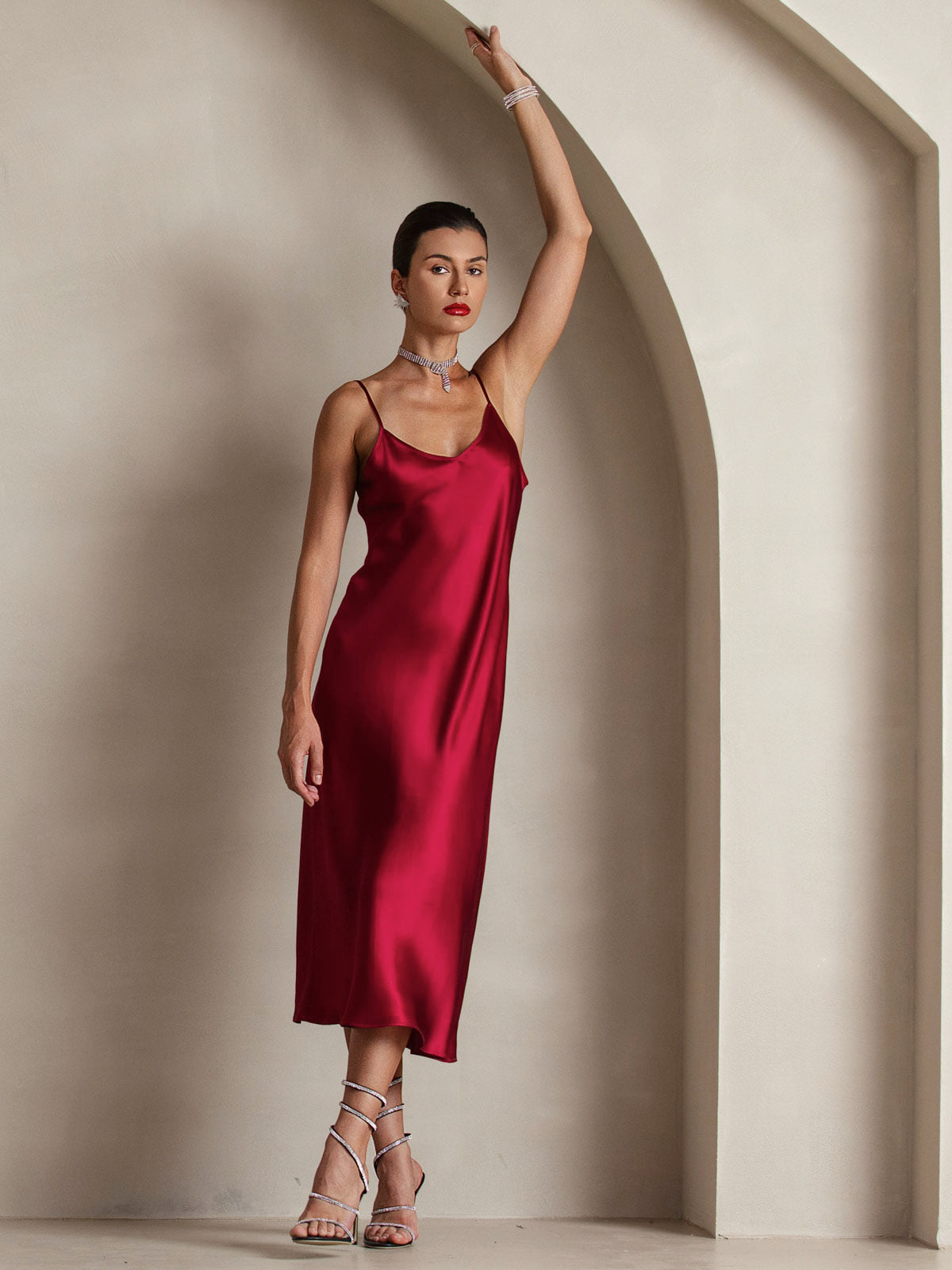 [Wine] SilkSilky-UK Pure Silk Sleeveless Round Neck Dress 007