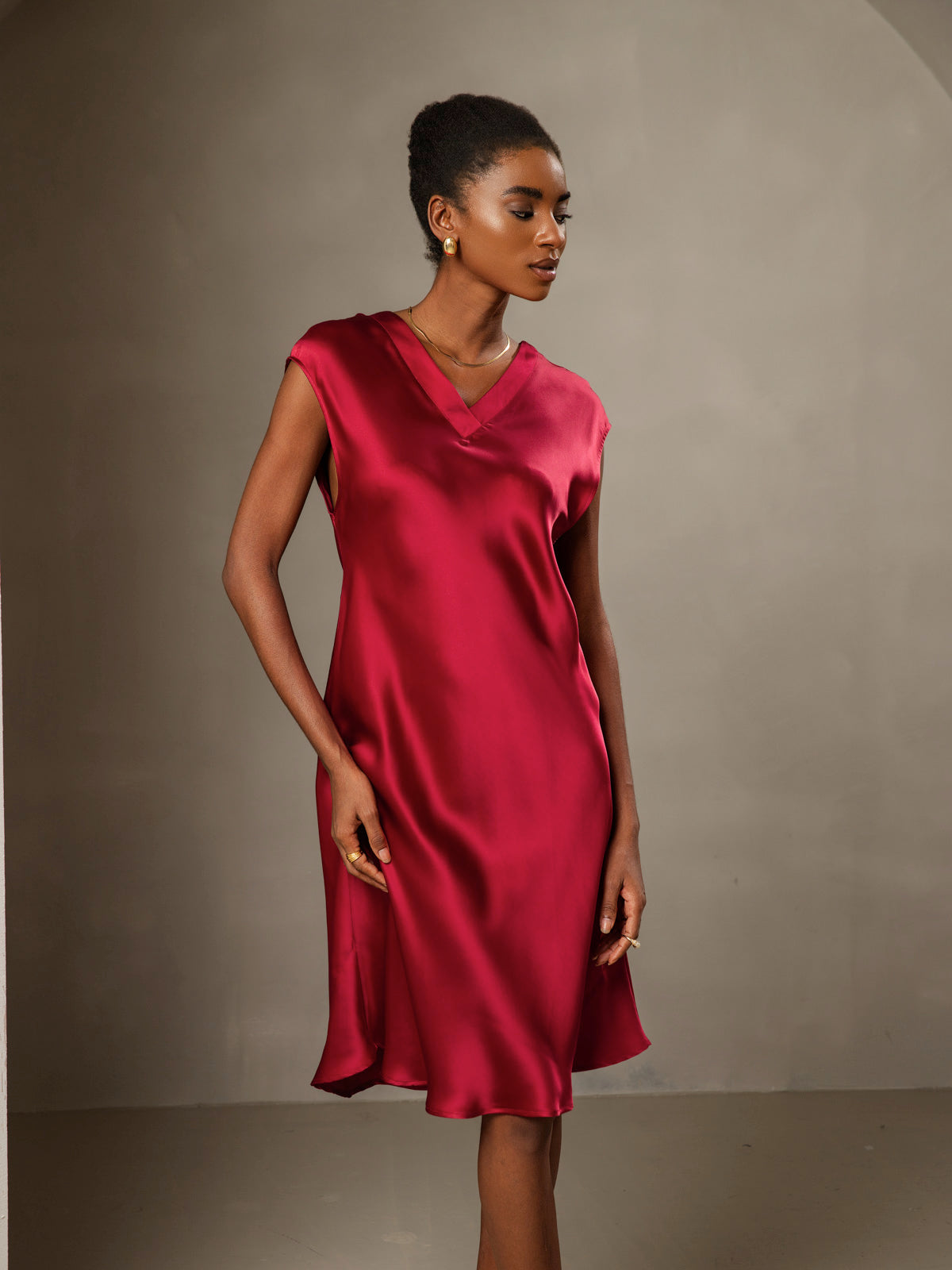 [Wine] SilkSilky-UK Pure Silk Sleeveless V Neck Dress 001