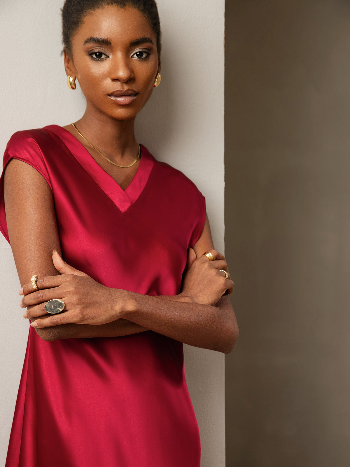 [Wine] SilkSilky-UK Pure Silk Sleeveless V Neck Dress 003
