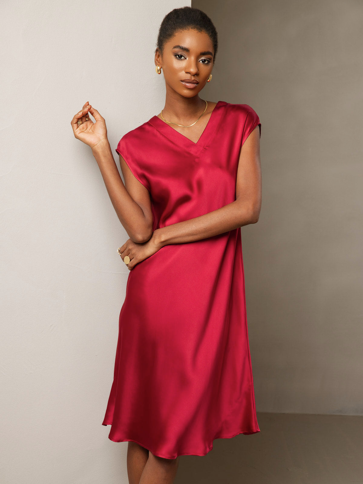 [Wine] SilkSilky-UK Pure Silk Sleeveless V Neck Dress 004