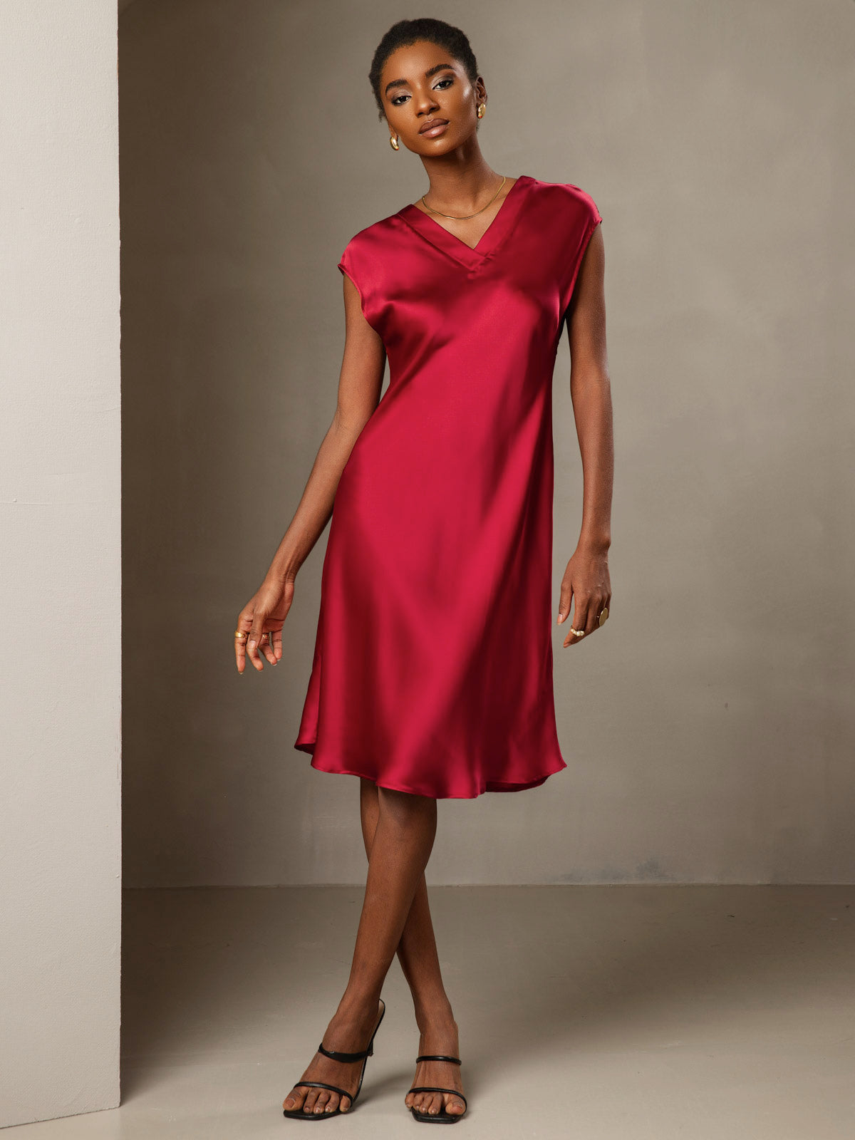 [Wine] SilkSilky-UK Pure Silk Sleeveless V Neck Dress 005
