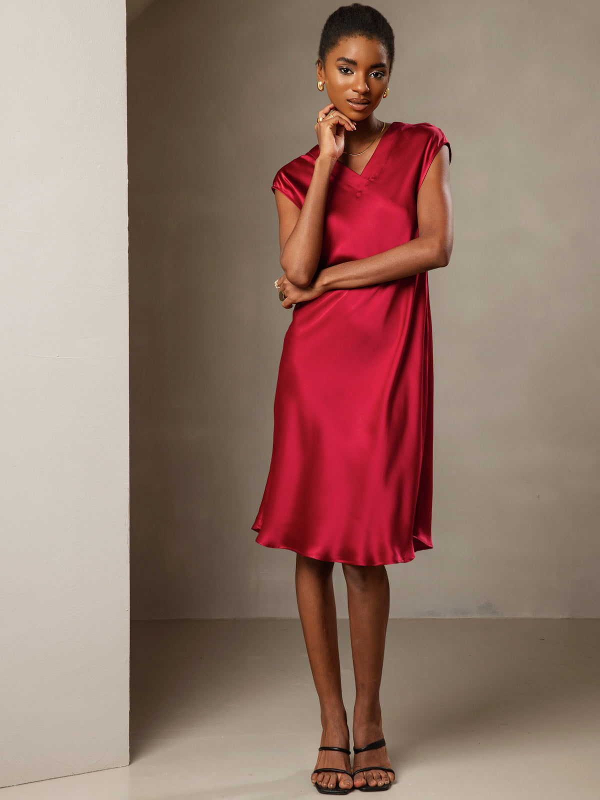 [Wine] SilkSilky-UK Pure Silk Sleeveless V Neck Dress 006