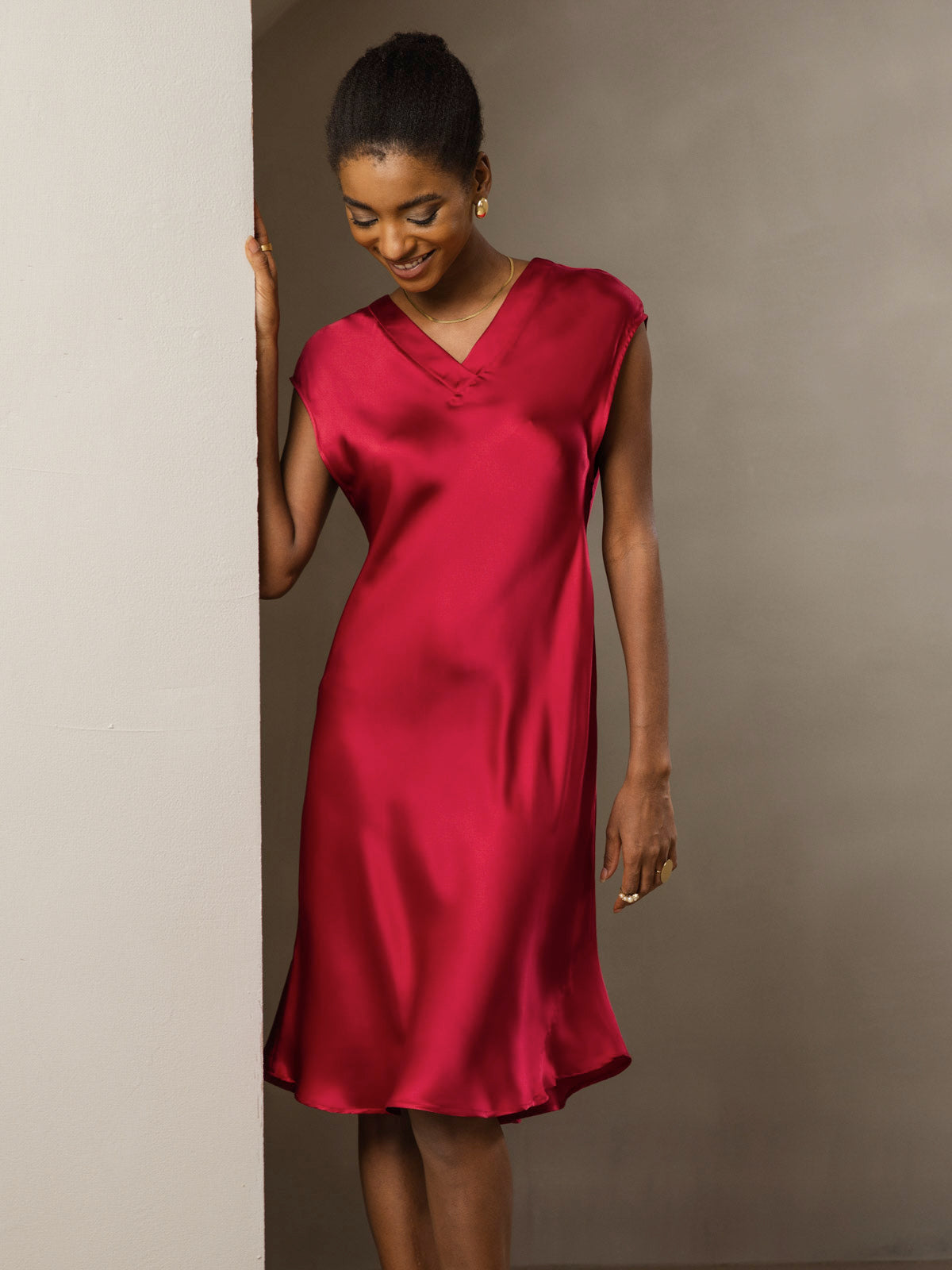 [Wine] SilkSilky-UK Pure Silk Sleeveless V Neck Dress 007
