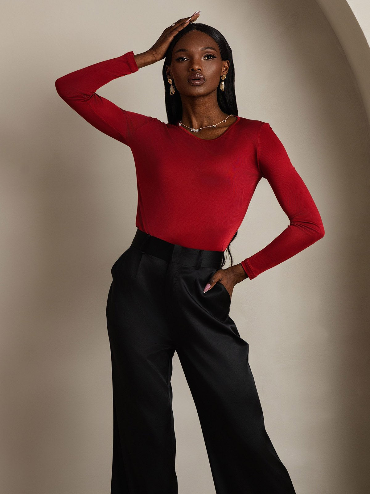 [Wine] SilkSilky-UK Silk Long Sleeve Round Neck Women's T-Shirt 006