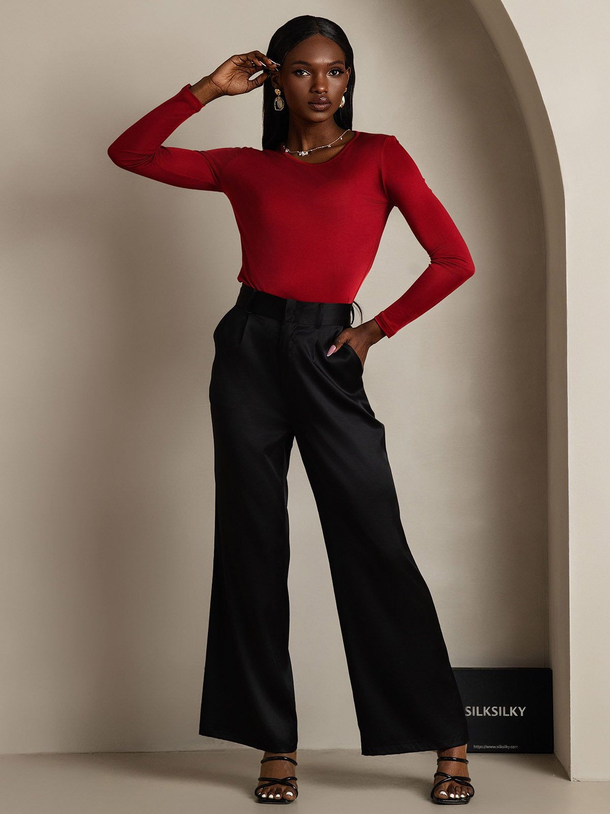 [Wine] SilkSilky-UK Silk Long Sleeve Round Neck Women's T-Shirt 007