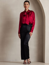 [Wine] SilkSilky-UK 19Momme Stretch Silk Charmeuse Long Sleeve Tie Neck Blouse 006