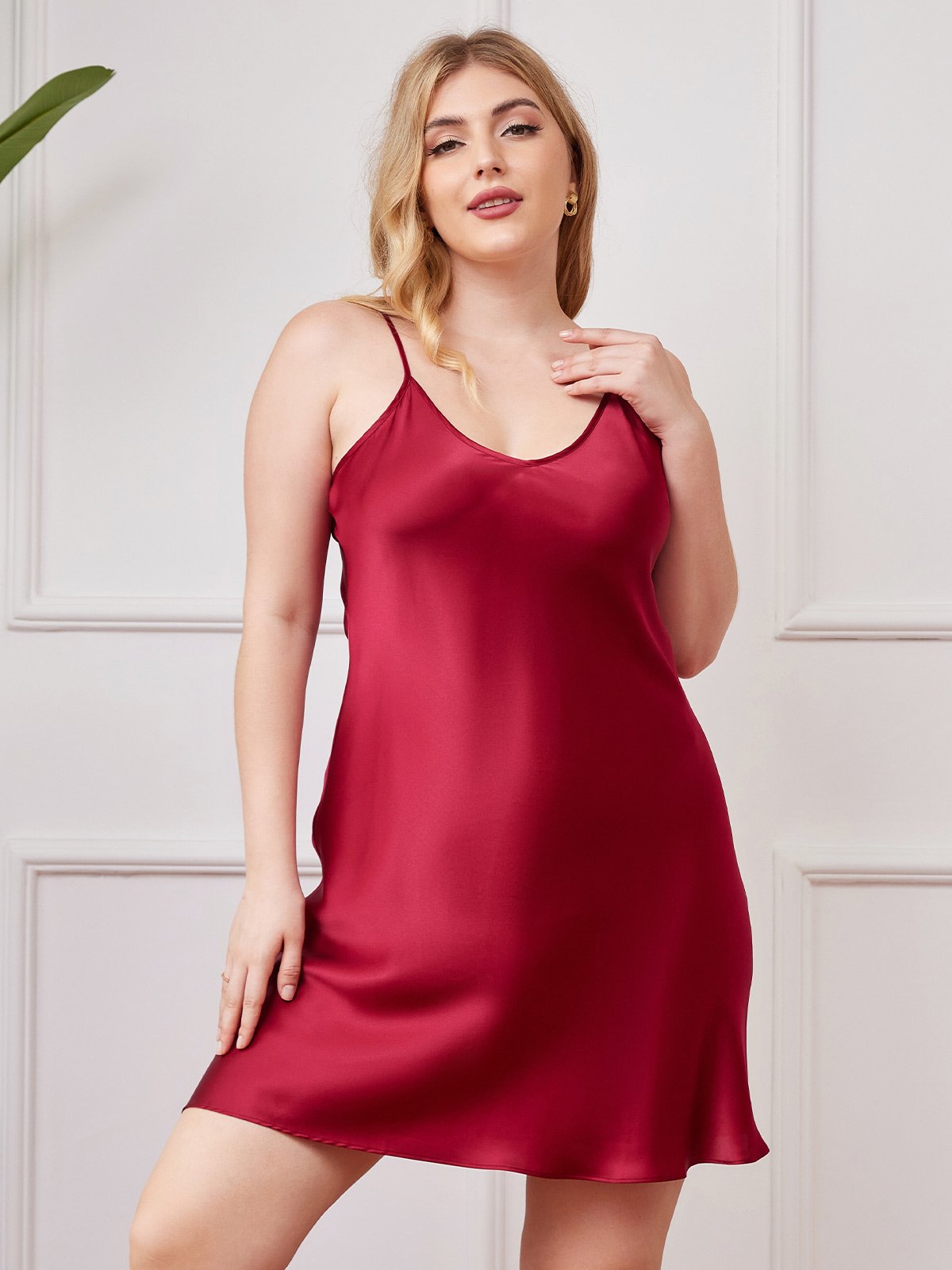 [Wine] SilkSilky-UK Spaghetti Strap V Neck Plus Size Dress 001