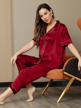 [Wine] SilkSilky-UK Short Sleeve Notch Collar Women's Pyjamas 003
