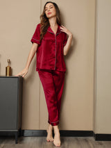 [Wine] SilkSilky-UK Short Sleeve Notch Collar Women's Pyjamas 005