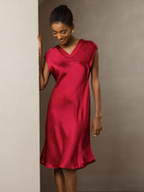 [Wine] SilkSilky-UK Cap Sleeve V Neck Dress 007
