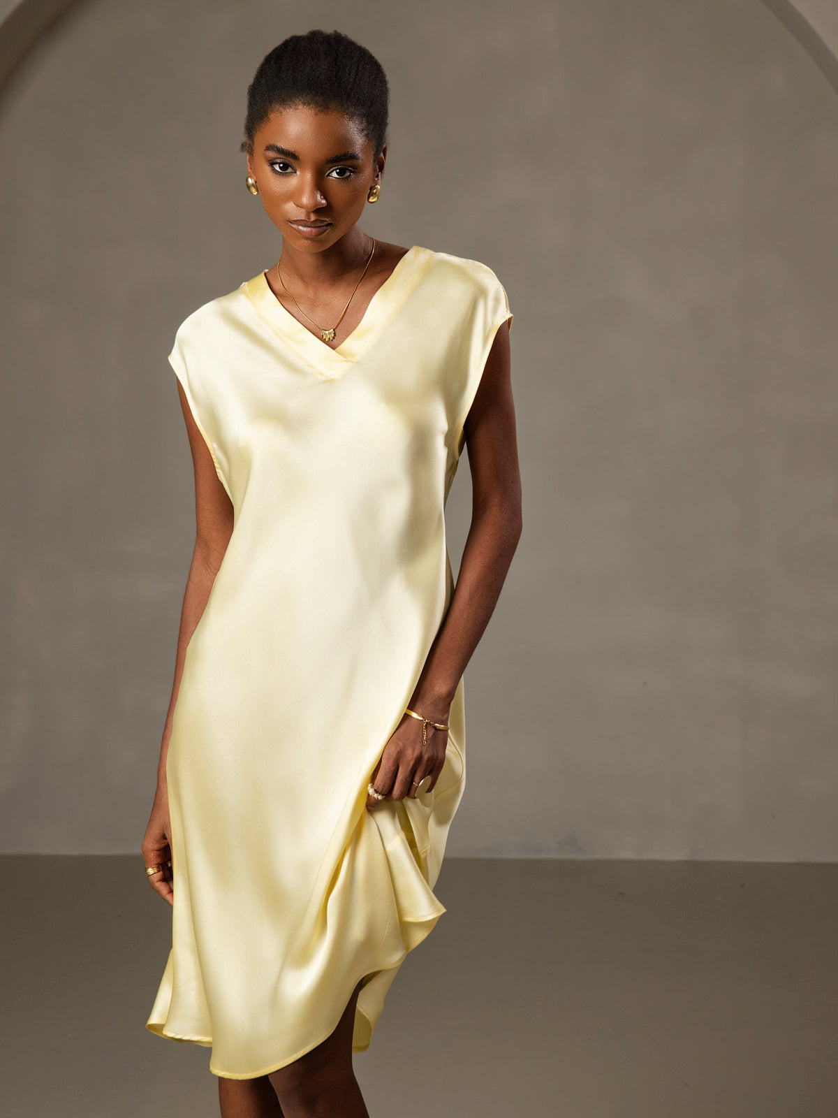 [Yellow] SilkSilky-UK Pure Silk Sleeveless V Neck Nightdress 003