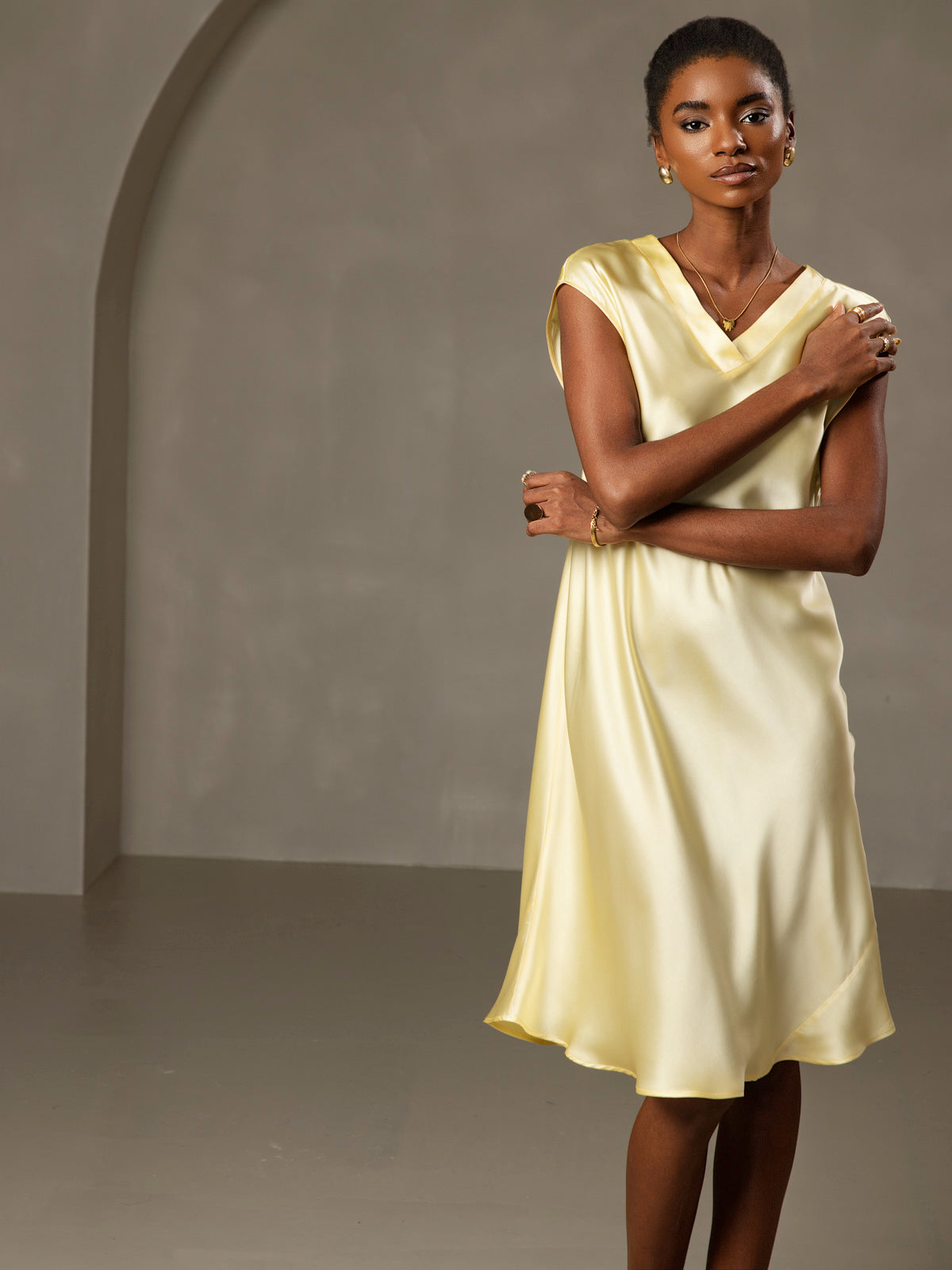 [Yellow] SilkSilky-UK Pure Silk Sleeveless V Neck Nightdress 004