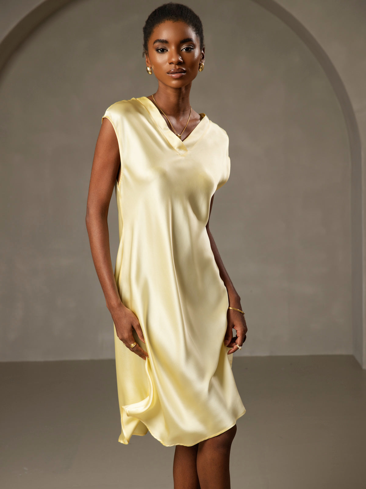 [Yellow] SilkSilky-UK Pure Silk Sleeveless V Neck Nightdress 004