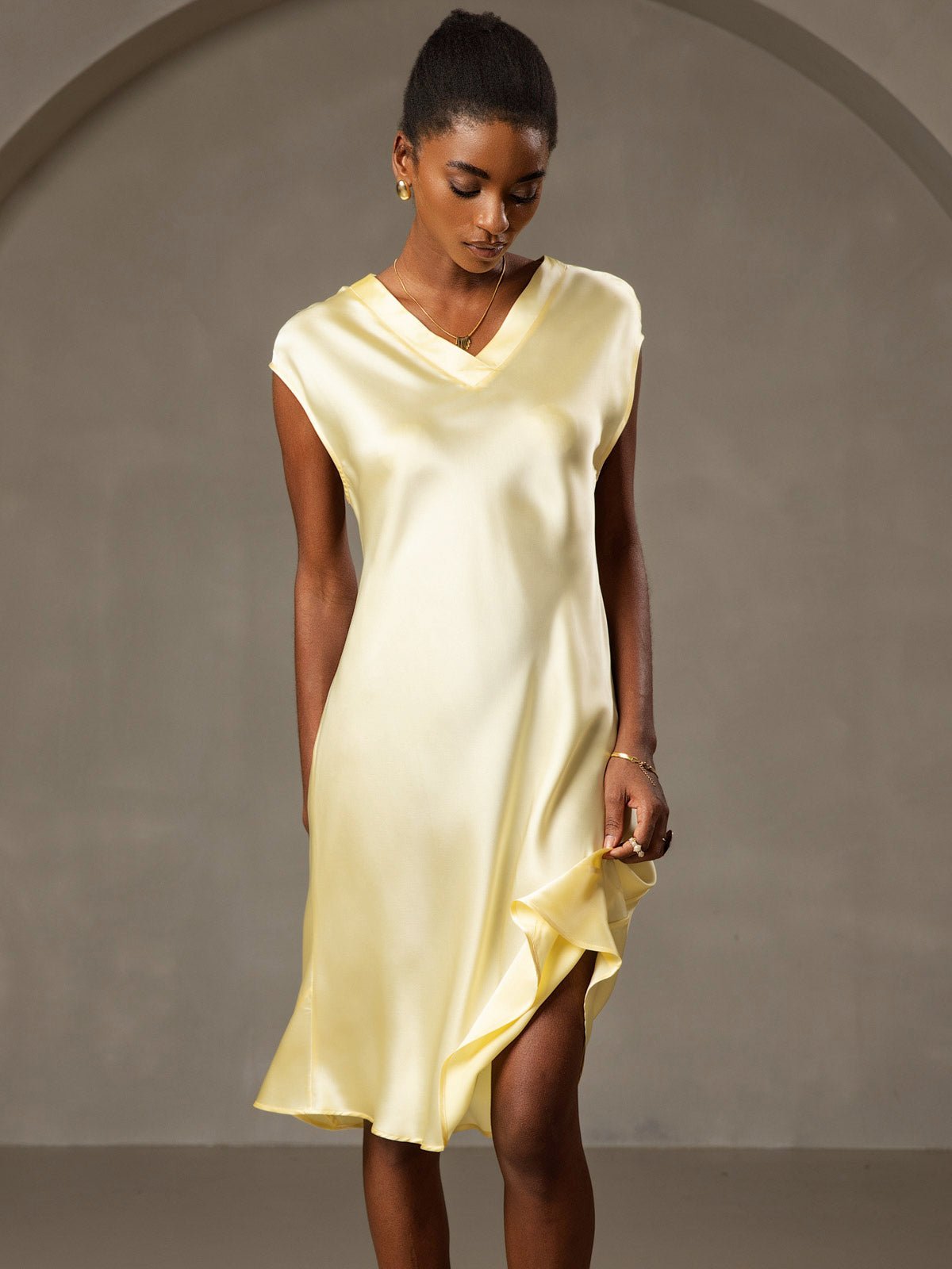 [Yellow] SilkSilky-UK Pure Silk Sleeveless V Neck Nightdress 005