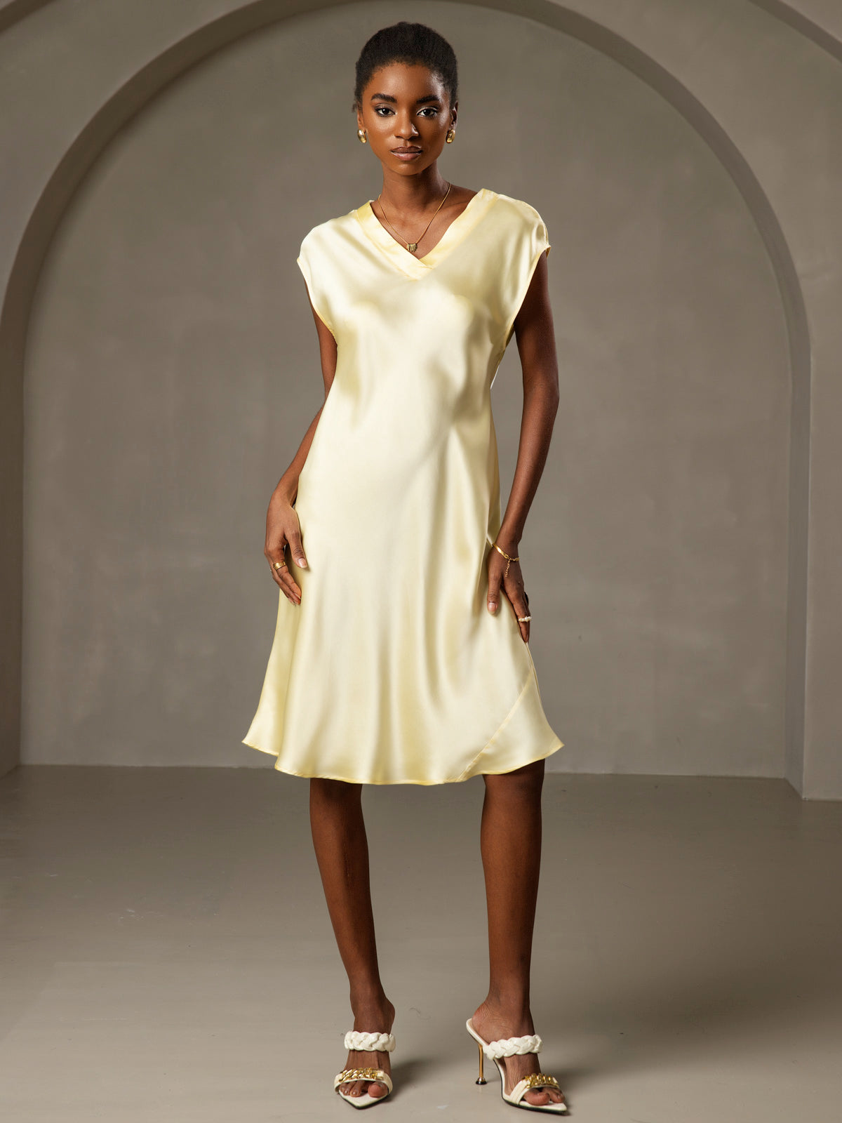 [Yellow] SilkSilky-UK Pure Silk Sleeveless V Neck Nightdress 006